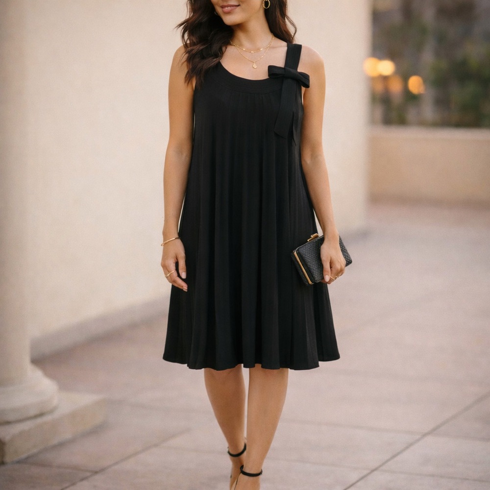 Robbie Bee Pleated Black Dress with Bow Accent
